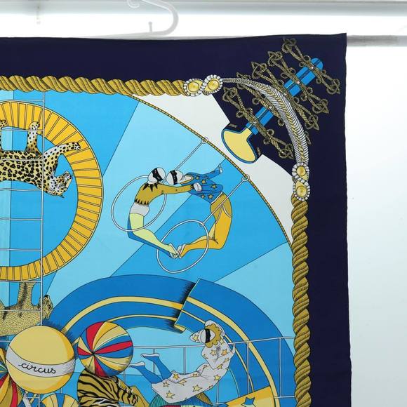 HERMES Carre 90 Scarf ""CIRCUS"" Silk Blue Light Blue white Auth ac3186 - Picture 4 of 15